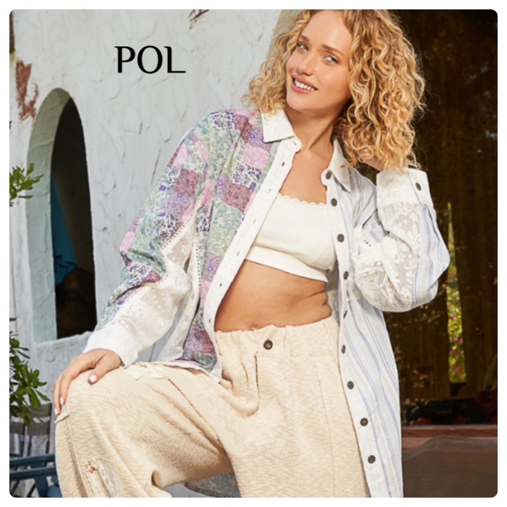 Pol Multicolor Patchwork Button-Up Shirt Nwot - image 1